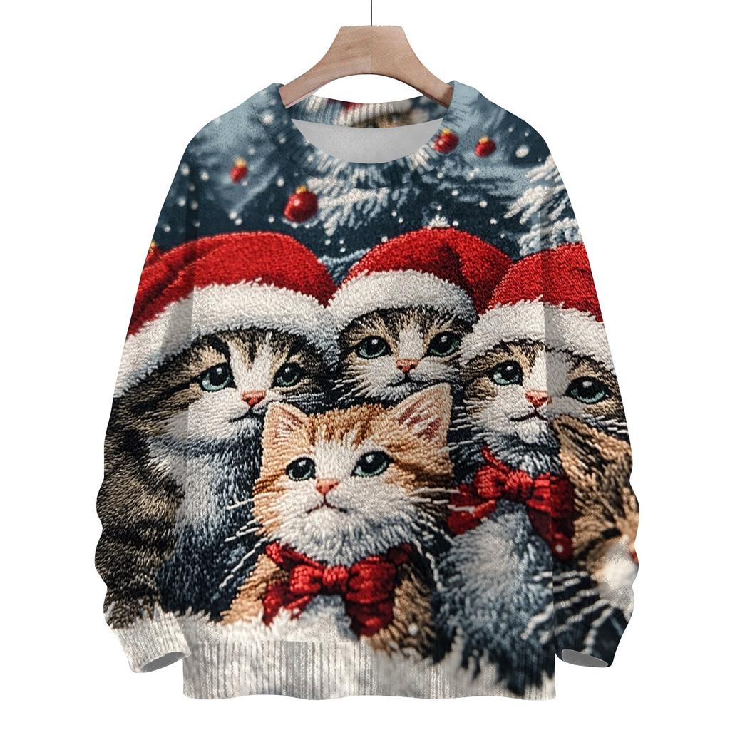 Women's Fashion Round Neck Casual Long Sleeve Christmas Cute Printed Woolen Knit Top