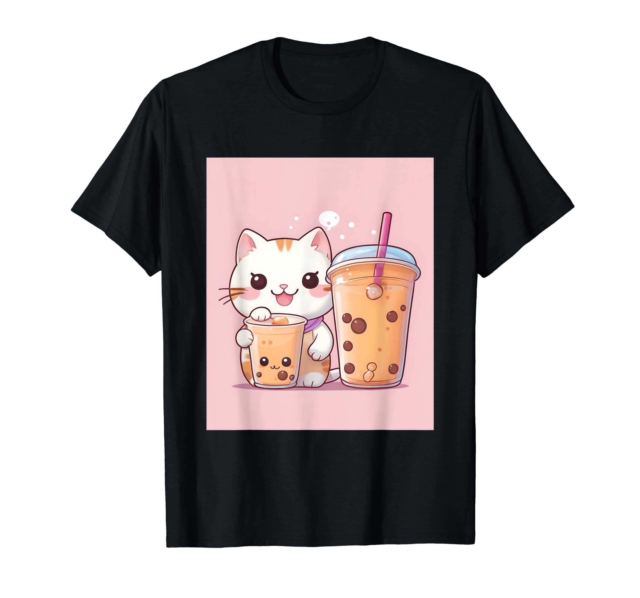 

bubble things printed Kawaii, cat, boba, tea, cute, Japanese, T-shirt чорний