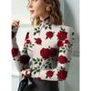 Women's Elegant Long Sleeve High Neck Red Rose Print Top, Slim Fit H Shape Machine Washable, Spring/Autumn Wear Top