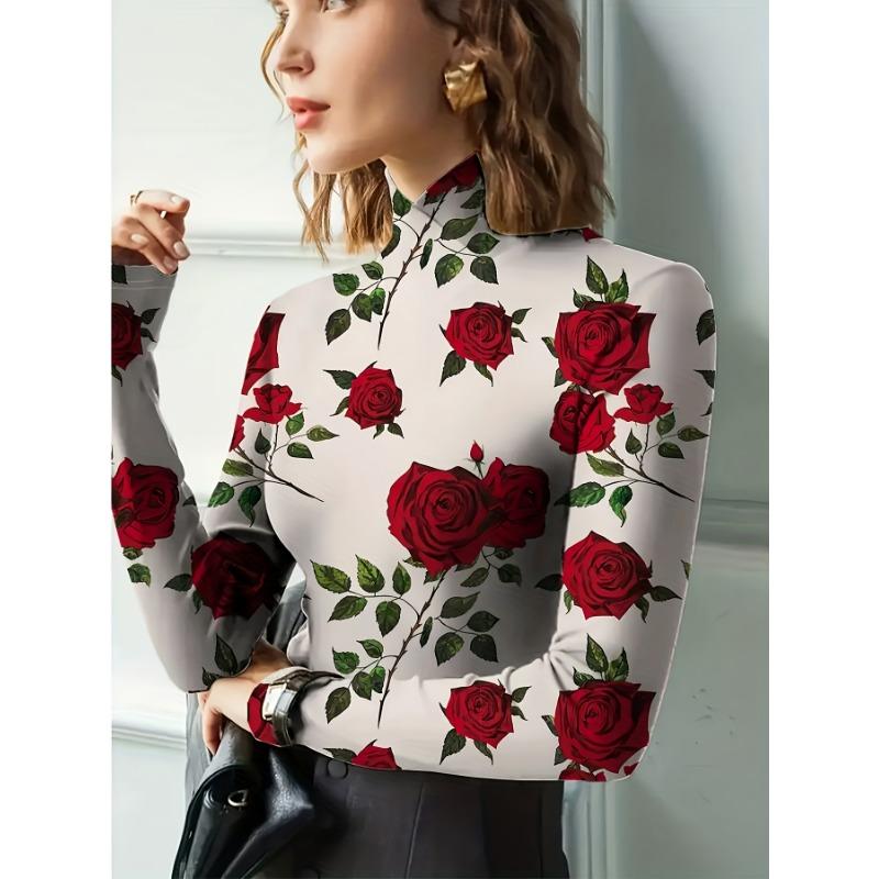 Women's Elegant Long Sleeve High Neck Red Rose Print Top, Slim Fit H Shape Machine Washable, Spring/Autumn Wear Top