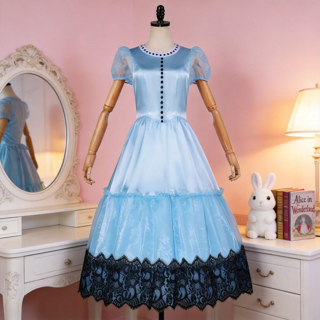 Alice In Wonderland Cosplay Dress Vintage Blue Polyester Long Skirt For Halloween Costumes