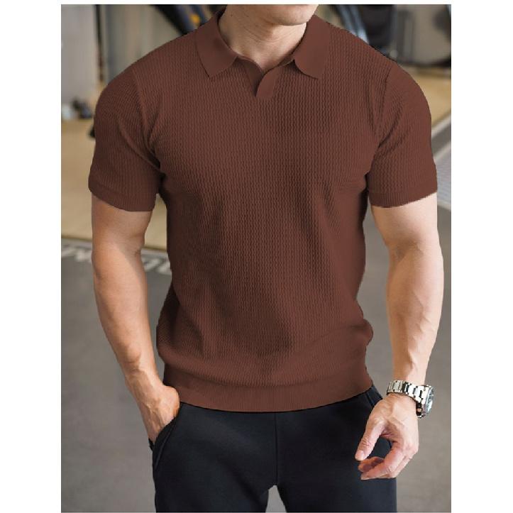 Leicht Reifer Stil Geripptes Strickpolo für Herren, Dünnes Atmungsaktives Slim Fit Kurzarm Amerikanischer Stil Muskelmänner Cooles Seidenhemd