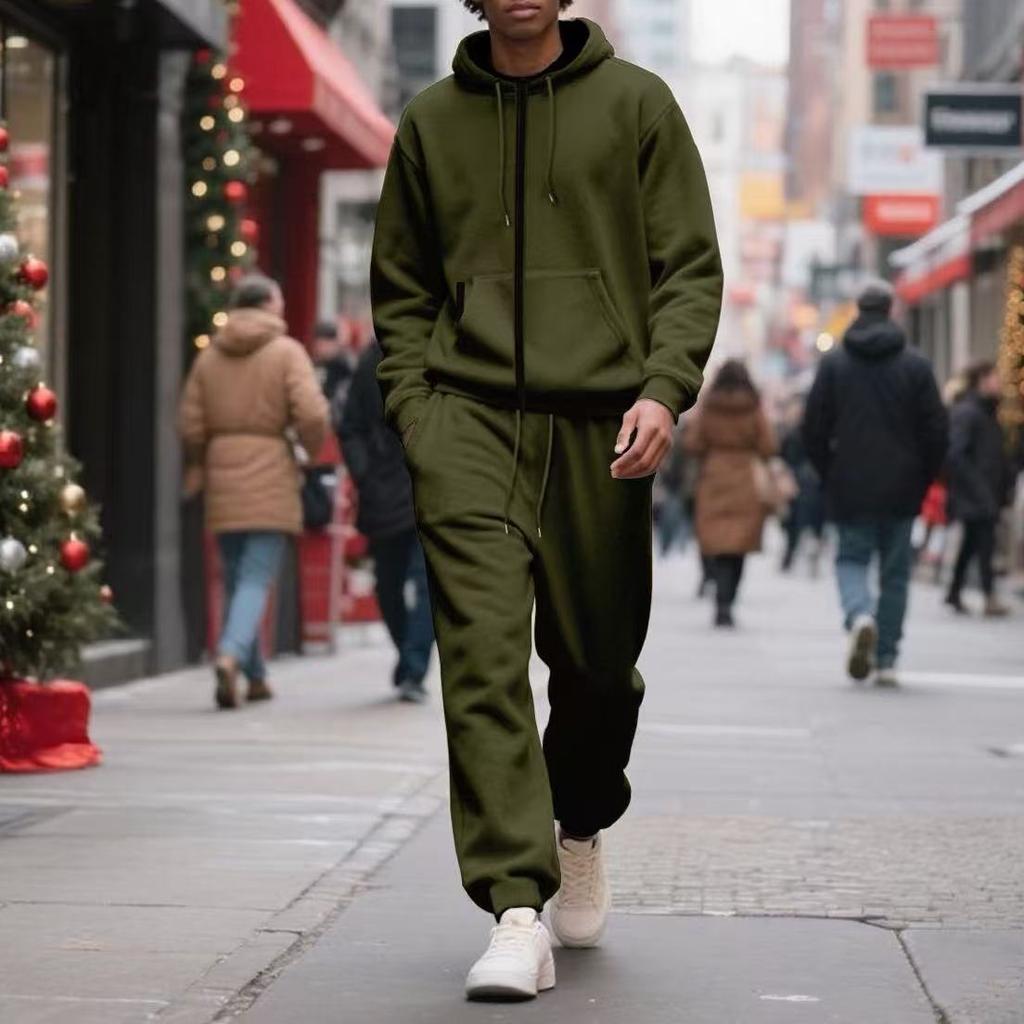 Fleece-lined Hooded Men's Tracksuits, Zipper Drawstring Women's Sports Suit, Solid Color Sporty Two-piece Set