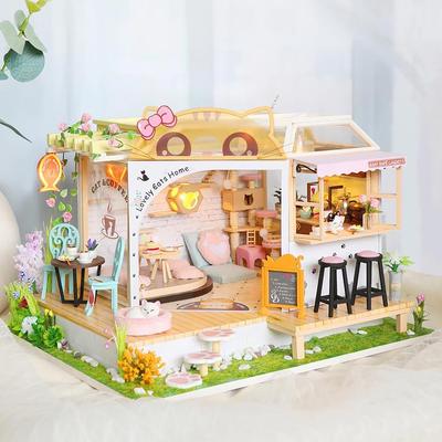 Wooden Doll House Cat Cafe Mini DIY Small House Kit Making Room Toys Home Bedroom Decoration with Furniture For Gifts Dollhouse