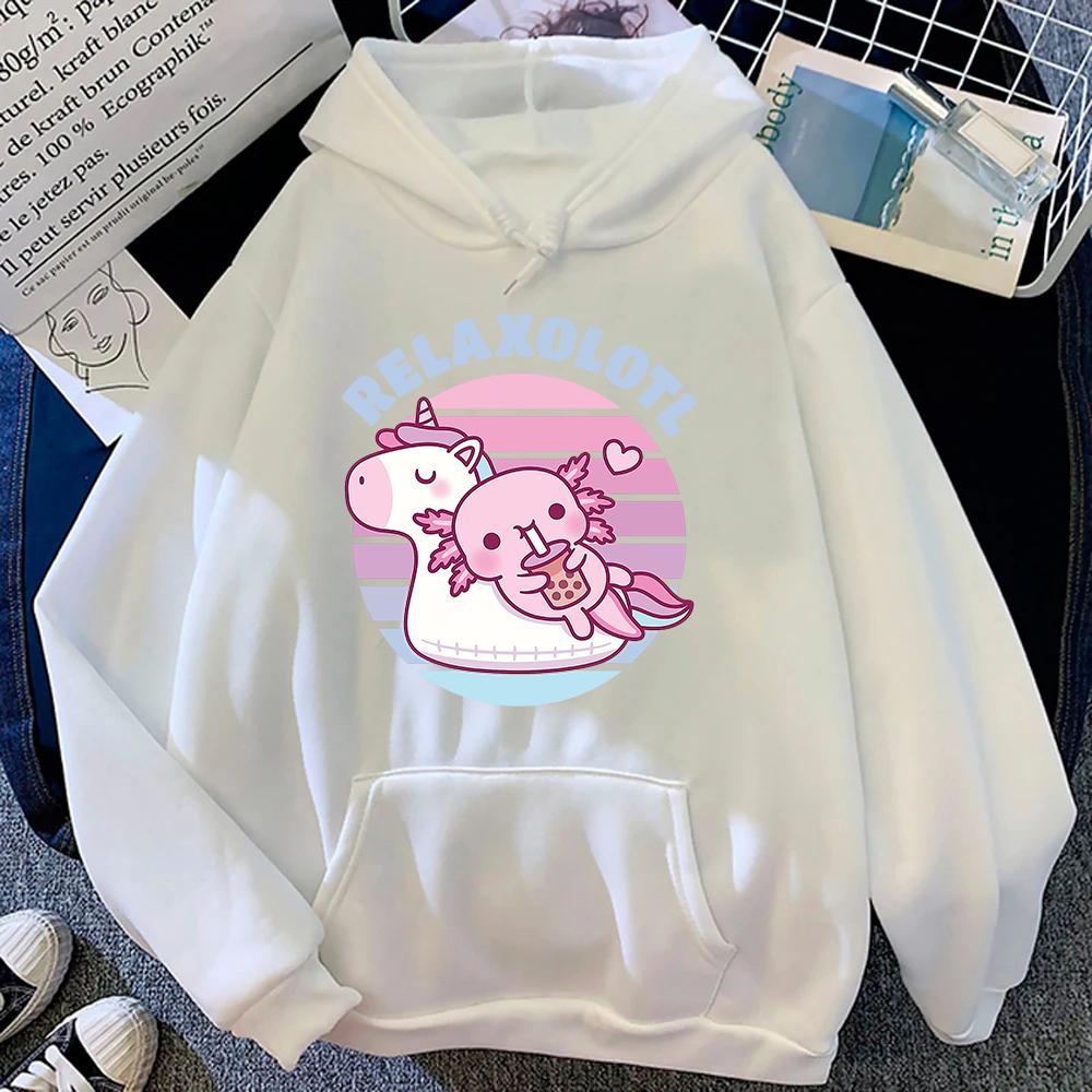 Cute Axolotl Chilling on Unicorn Pool Float Relaxolotl Hoodie Women Aesthetic Hoodies Unisex Autumn Winter Pullovers Sweatshirts