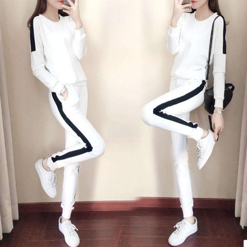 Casual Sports Suit for Women, Spring and Autumn Korean Style Loose Black and White Running Sportswear Sweatshirt Two-piece Set