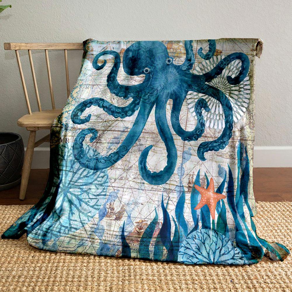 Retro Ocean Themed Blanket with Octopus and Old Nautical Map Print Blanket for Livingroom Couch lunch break Soft throw for Friend's festival Gift