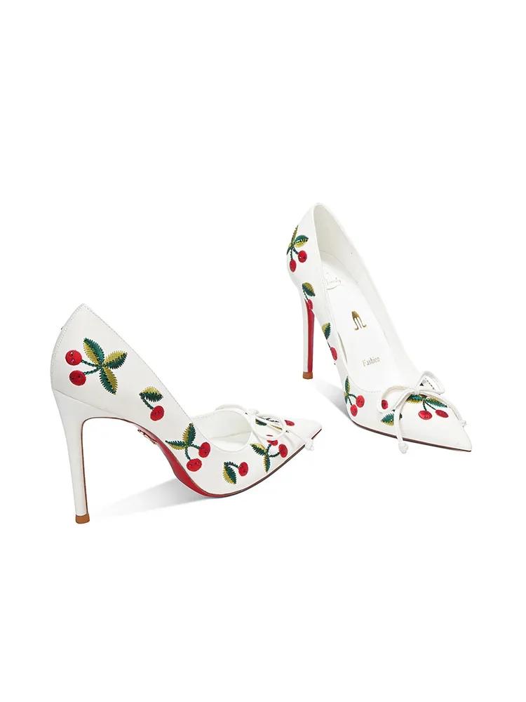 

Fashion 2025 New Summer White High Heels Women s Cherry Bow Embroidered Flower Water Diamond Fine Heels Pointed Women s Shoes 33