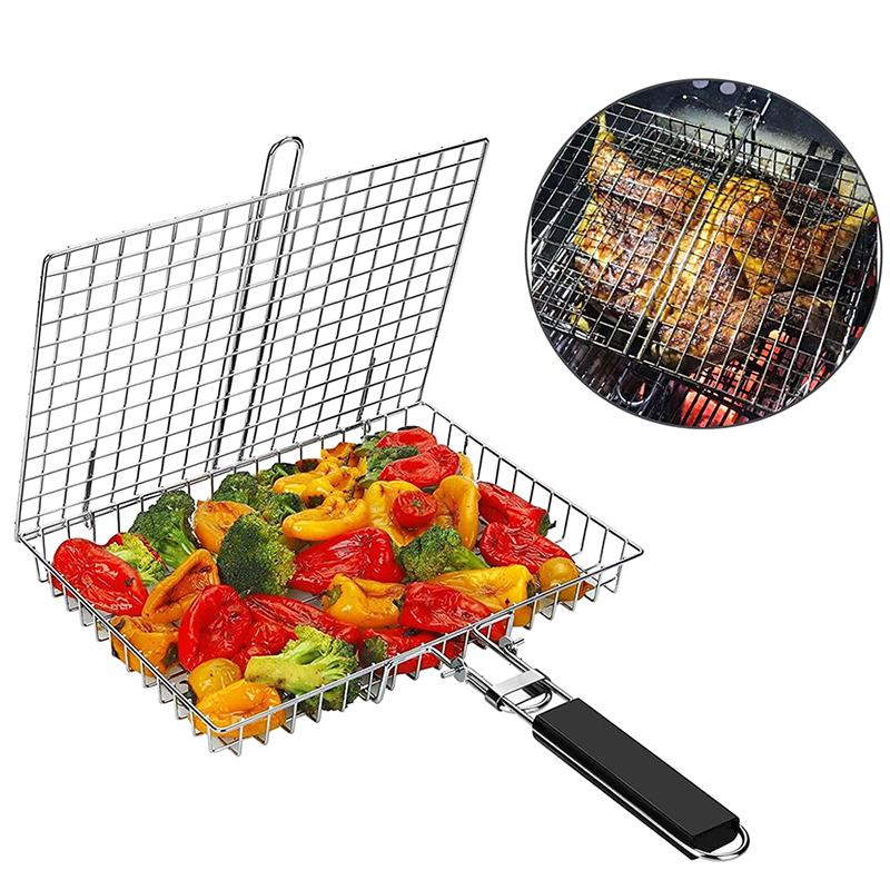 Grill Basket Folding Portable Stainless Steel Bbq Grill Basket With Handle For Fish Vegetables Shrimp Cooking Accessories
