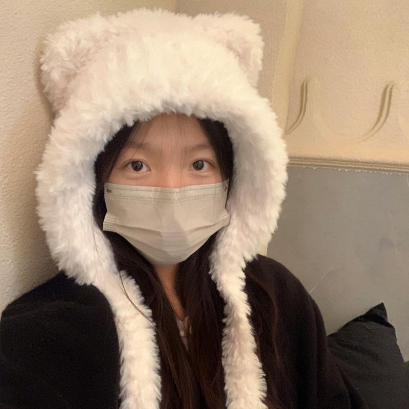Women'S 2024 Autumn/Winter Cute Bear Ears Hairy Hat Big Headcircumference Warm Wool Plush Lei Feng Hat