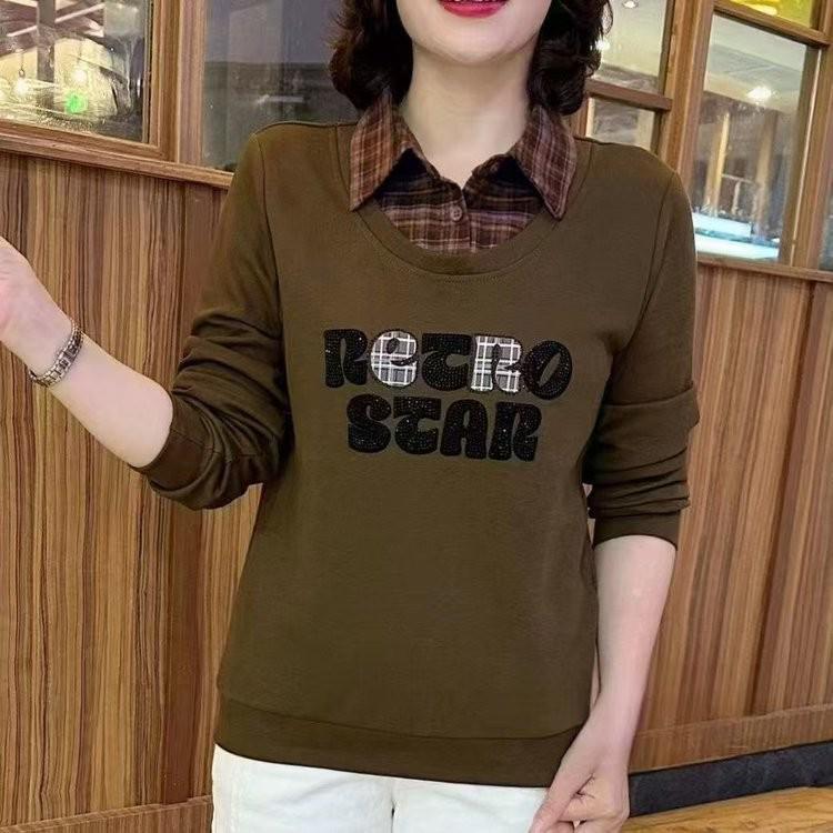 Middle-Aged & Elderly Women s Slimming Two-Piece Look Long Sleeve T-Shirt 2XL