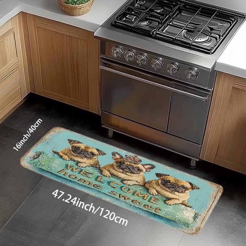 1pc Farmhouse Style Doormat with Pug Dog Wearing Crown Pattern Print, 8mm Thick Polyester Mat, 122-930g Weight, Rectangular Non-
