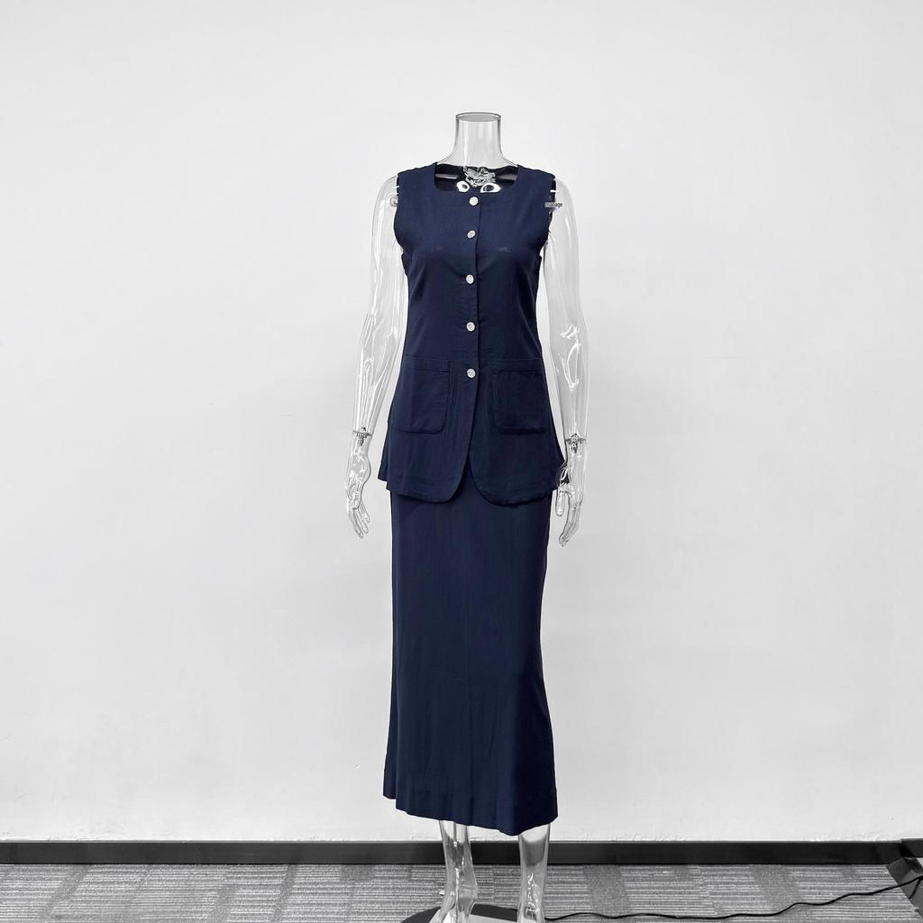 Capable Solid Color Linen Blend Micro-Elastic Vest & Long Dress Two-Piece Set - Summer/Autumn for Work or Casual Wear