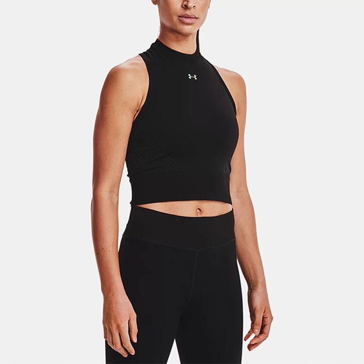 Under Armour Rush Seamless Logo Print Solid Color Slim Fit Sports Tank Top Women Tops Black 1360822-001
