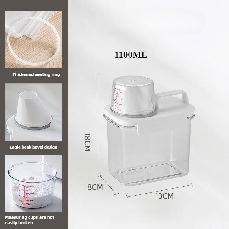Transparente Aufbewahrungsbox für Waschpulver, Waschmittel, Alltagsgegenstände und Haushaltsvorratsglas mit Messbecher
