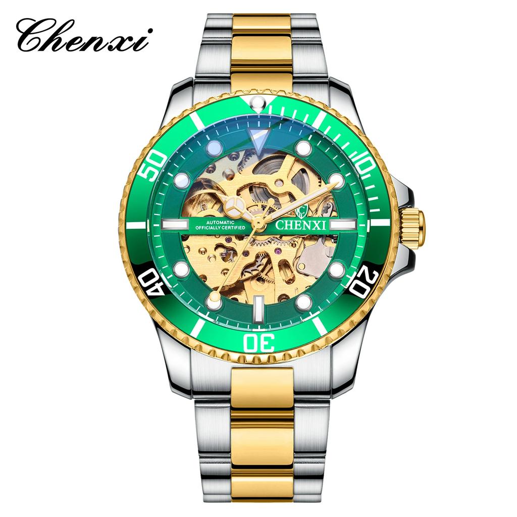 Chenxi Classic Watch Men Unique Dial Green Watches Luxury Gold Skeleton Automatic Mechanical Wristwatches Men Fashion Watches