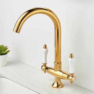 Tuqiu Gold Bathroom Faucet Chrome Basin Faucet Deck Mounted Kitchen Faucet Sink Tap Hot Cold Double Handle Basin Tap Brass