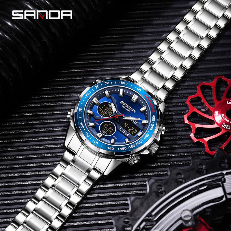 SANDA Stereoscopic Dual Display Watch Men's Steel Band Sunday Date 12/24 Hour 5ATM Waterproof Night Light Alarm Clock