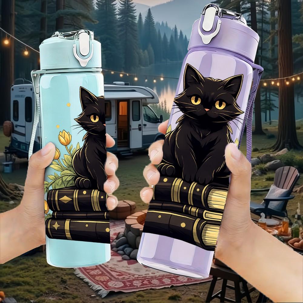1PC Black Cat Stacked Book Art Print 750ml Color Plastic Sports Water Bottle Leakproof Flip Straw Lid Suitable for Sports Office Home Use