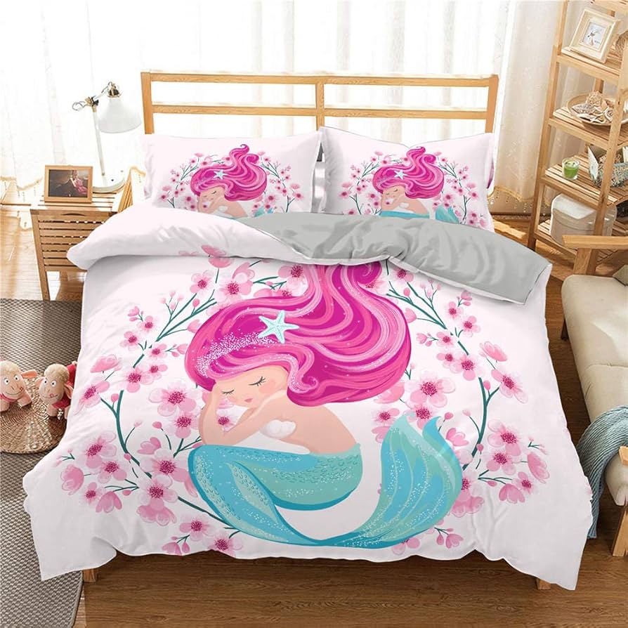 Cute Cartoon Mermaid Duvet Cover Twin Queen Ocean Themed Bedding Set Mermaid Princess Comforter Cover For Kids Girls Room Decor