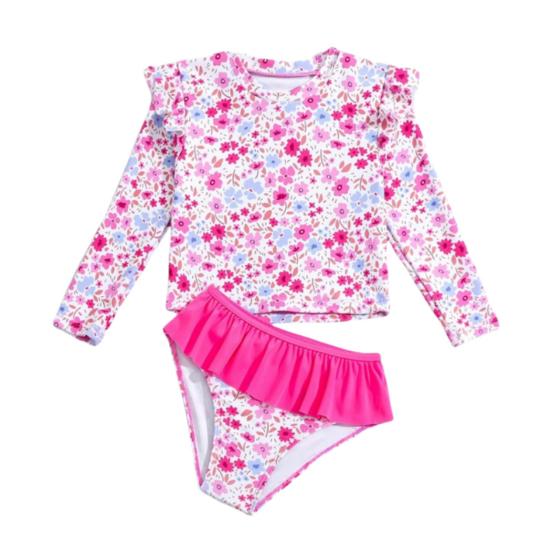 Jenter Solbeskyttende Badedraktsett Todelt Rash Guard Langermet Badebukse Tankini med Bikinibunn Blomstertrykk Barn Strandklær
