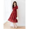 Elegant Red Textured French-Style Midi Dress