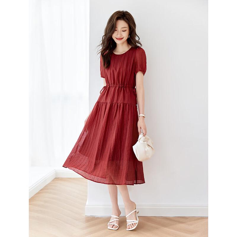 Elegant Red Textured French-Style Midi Dress