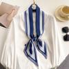 Women's Silk Printed Long Scarf with Ribbon Ties, Lightweight Neck and Wrap