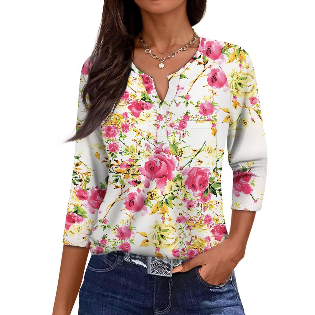 Women's Casual Fashion V-neck Loose Versatile Floral Print Three-quarter Sleeves