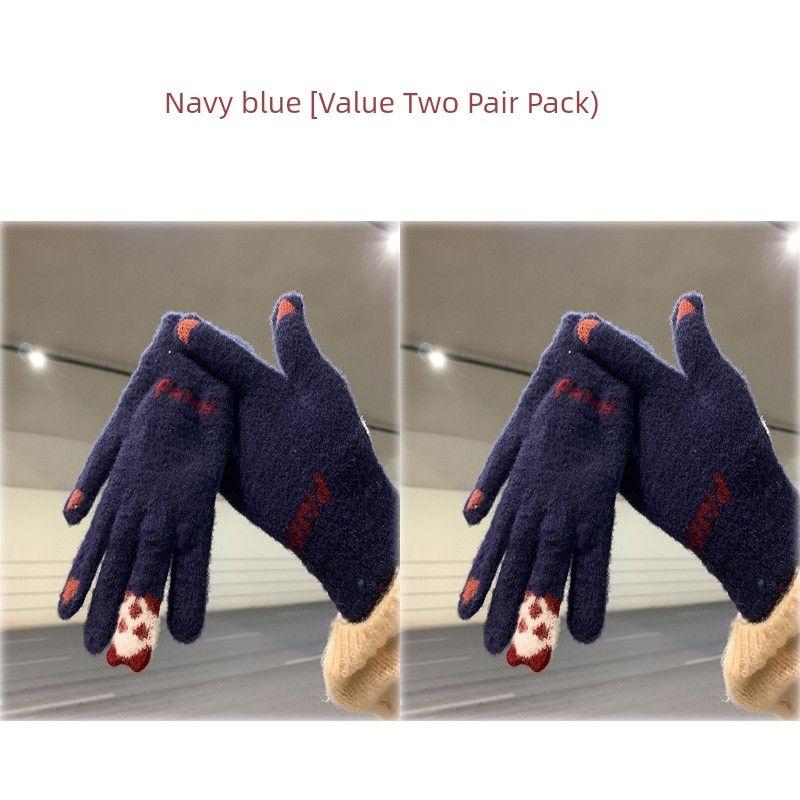 

Autumn and Winter Knitting Wool Gloves Women s Cute Touch Screen Fleece Lined Padded Warm Keeping Road Bike Five-Finger Winter Cold-Proof Gloves Navy blue [Value Two Pair Pack]] One size