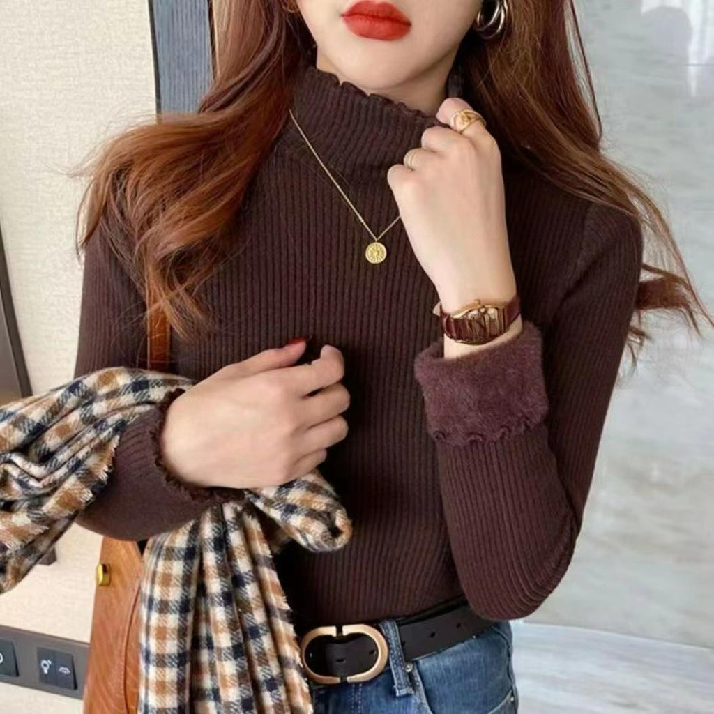 In Autumn and Winter, Wear A Solid Color Plus Velvet Half Turtleneck Sweater, Women's Gentle Wind, Warm One-piece Velvet Bottoming Shirt