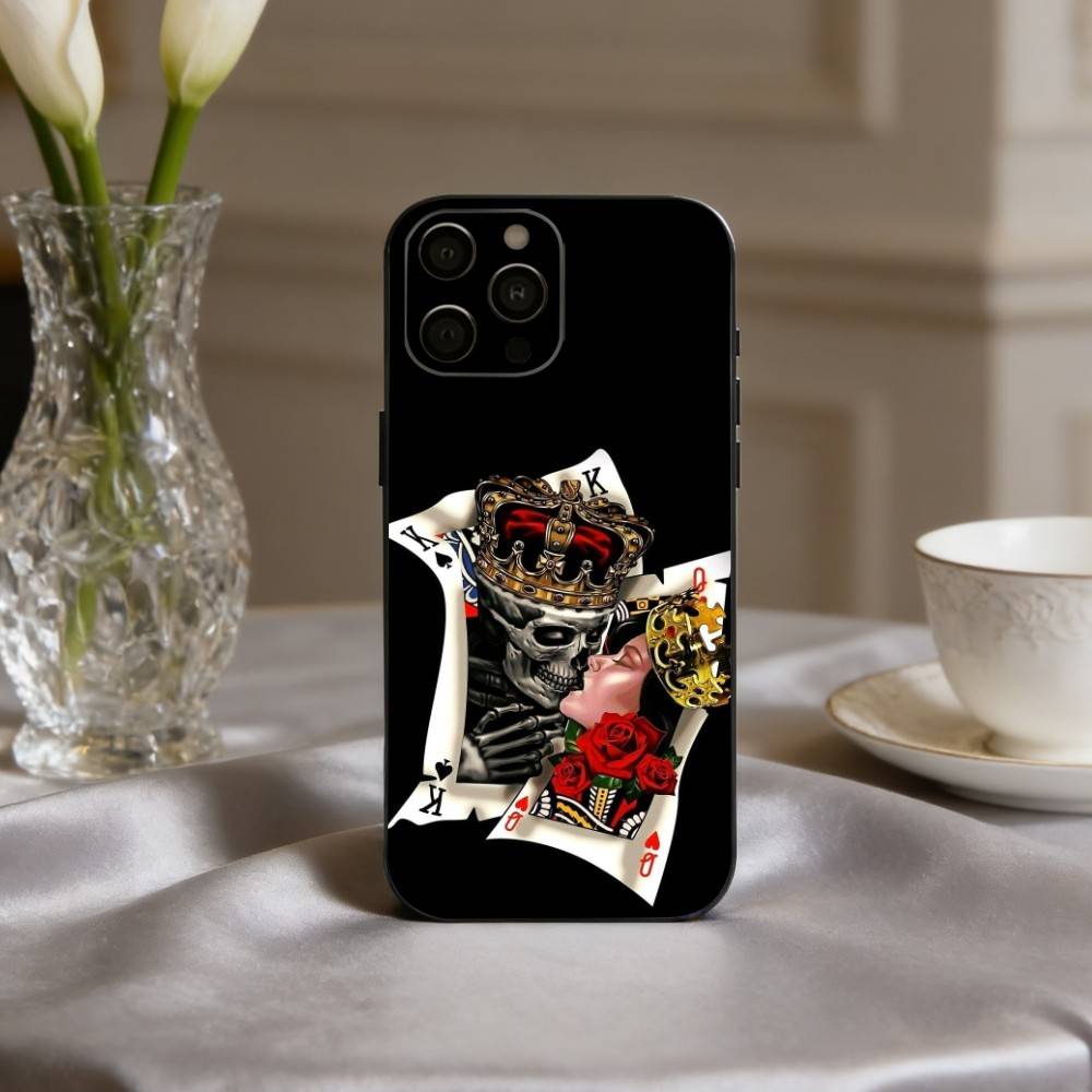 S-Skeleton Q-Queen of Hearts CARD Phone Case For iPhone 17,16,15,14,13,12,11 Plus,Pro Max,XS,Soft Silicone Black Cover