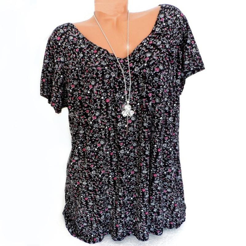 Sommer Neues Pailletten-Print V-Ausschnitt Kurzarm T-Shirt Lockeres Modisches Oberteil