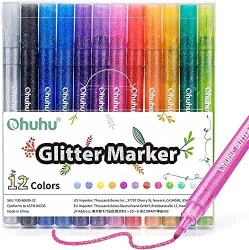 Ohuhu Glitter Pens, 12-Color Set, Glitter Markers with Metallic Glitter, 0.7-2mm Tip, Perfect for Coloring, Illustrations, Album Making, Cards, New Ye