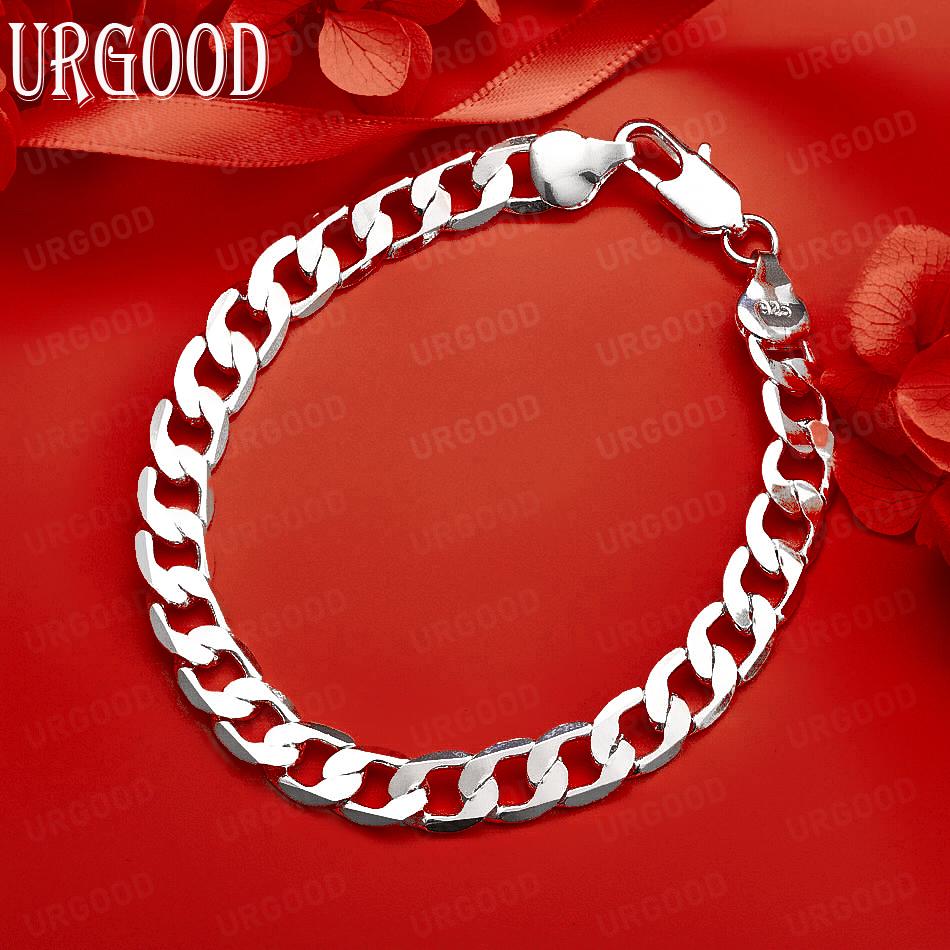 925 Sterling Silver 12mm Side Chain Bracelet Fashion Jewelry 20CM