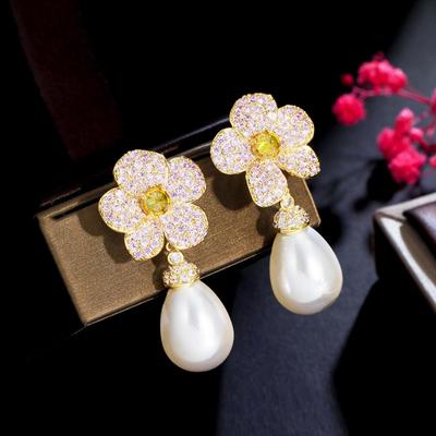 CMM Bling Pink Cubic Zirconia Vising Drop Women Party Engagement Flower Artificial Pearl Earrings Jewelry Accessories