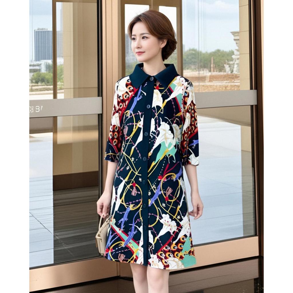 Spring 2026 Retro-Print Dress & Cardigan Set - Age-Reducing, Loose Fit, Plus Size Skirt
