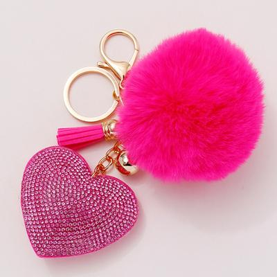 Fashion Fluffy Plush Ball Keychain Faux Fur Pompom Rhinestone Heart Bag Pendant Solid Color Key Ring Alloy Furball Keychain