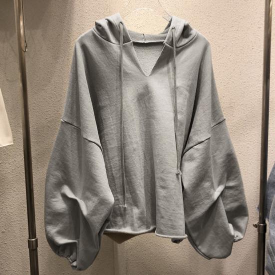 Felpa con cappuccio a tinta unita con coulisse Manica a pipistrello Autunno Scollo a V Donna Streetwear