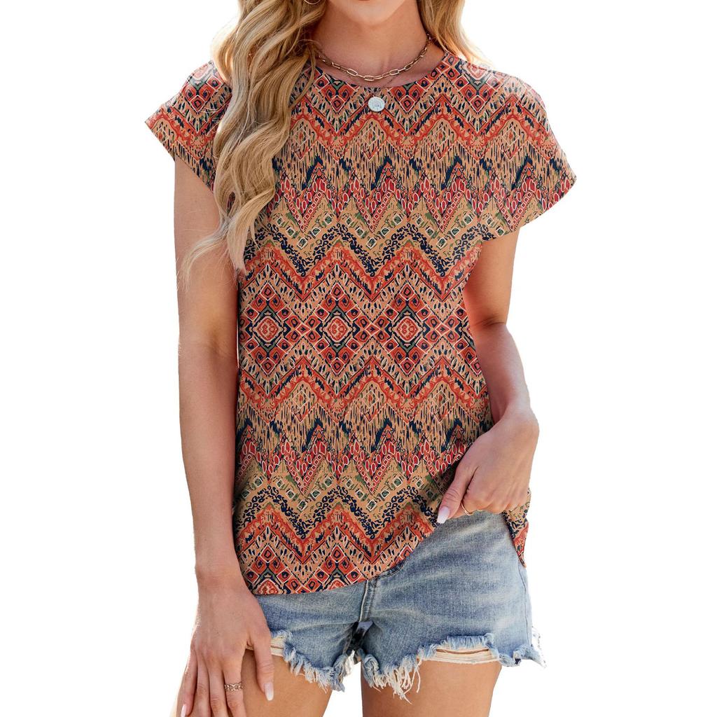 Summer New Round Neck Striped Loose Short Sleeved Women T-shirt Top