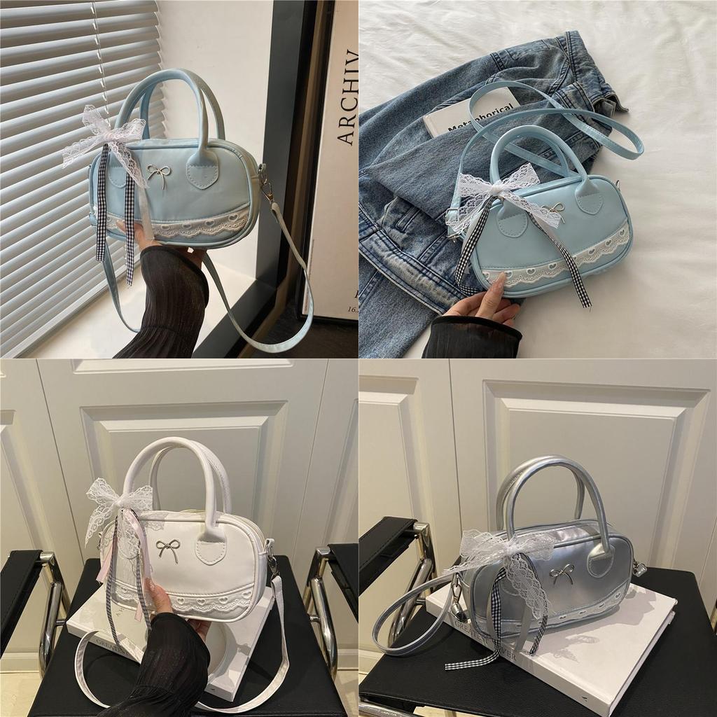 Simple Solid Color Silver Bow And Lace Decoration Women Casual Shoulder Bag For Women