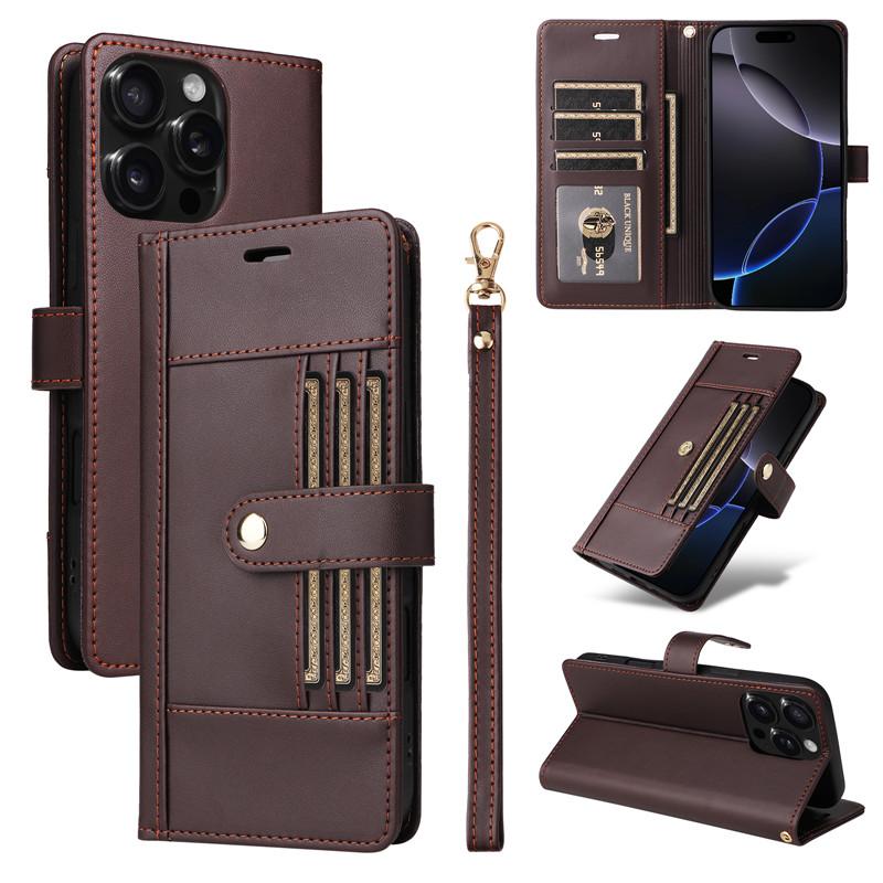 

Шкіряний гаманець-книжка для iPhone Air 17 16e 16 15 14 Plus 13 12 11 Pro Max, фліп-чохол, чохли для телефону, всеосяжний, Бізнес PU Leather&iPhone Air кавовий