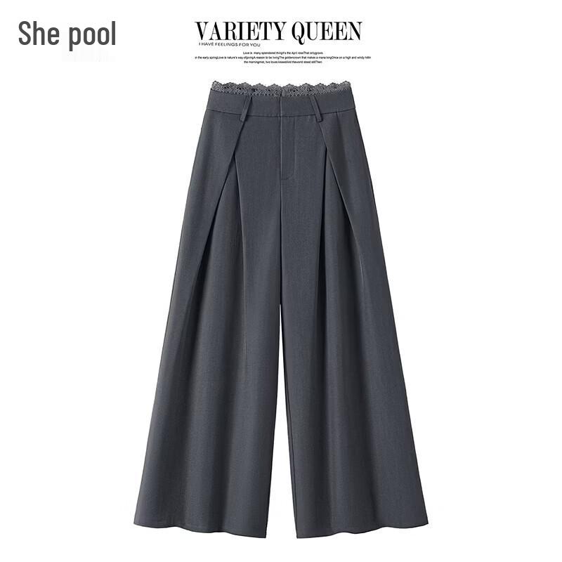 Women s Pleated High-Waist Wide Leg Pants with Lace Trim M