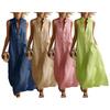 Damen Sommer Ärmellos Knopfleiste Tankkleid Stehkragen Lässig Baumwolle Leinen Langes Kleid Locker A-Linie Fließendes Strand Sommerkleid