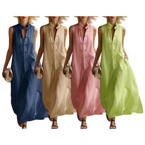 Damen Sommer Ärmellos Knopfleiste Tankkleid Stehkragen Lässig Baumwolle Leinen Langes Kleid Locker A-Linie Fließendes Strand Sommerkleid