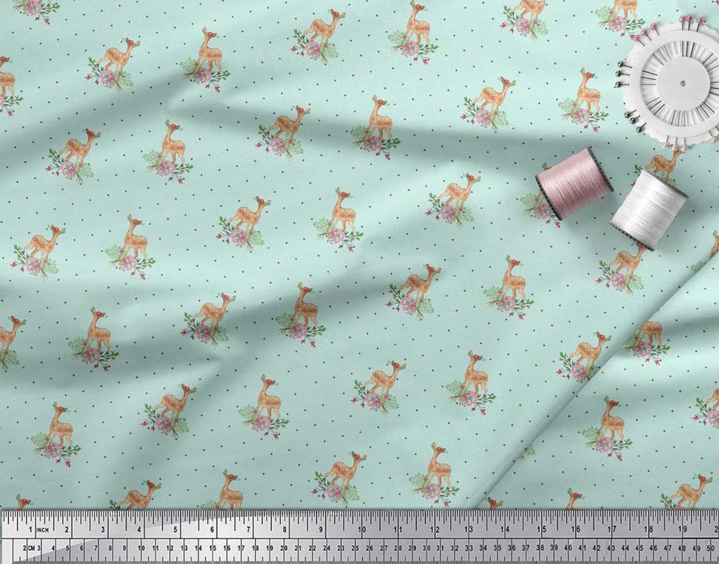 Soimoi Gray Japan Crepe Satin Fabric Dot & Deer Animal Print Sewing Fabric metre 42 Inch