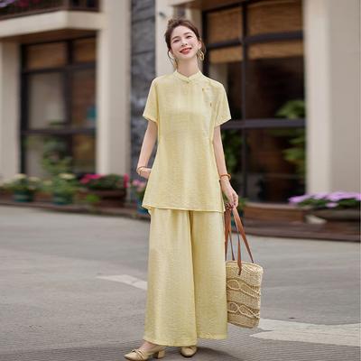 Suit Women's Summer New Models and a Sa Imperial Sister Short-sleeved Top Wide-leg Pants Three-piece Set