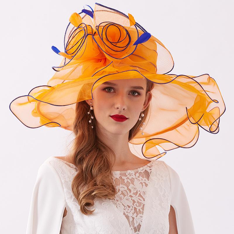 Organza Kentucky Derby hatter for kvinner Bred brem Strandhette Slør Blomst Fjær Bryllup Elegant kirkefest Fedora Kvinne
