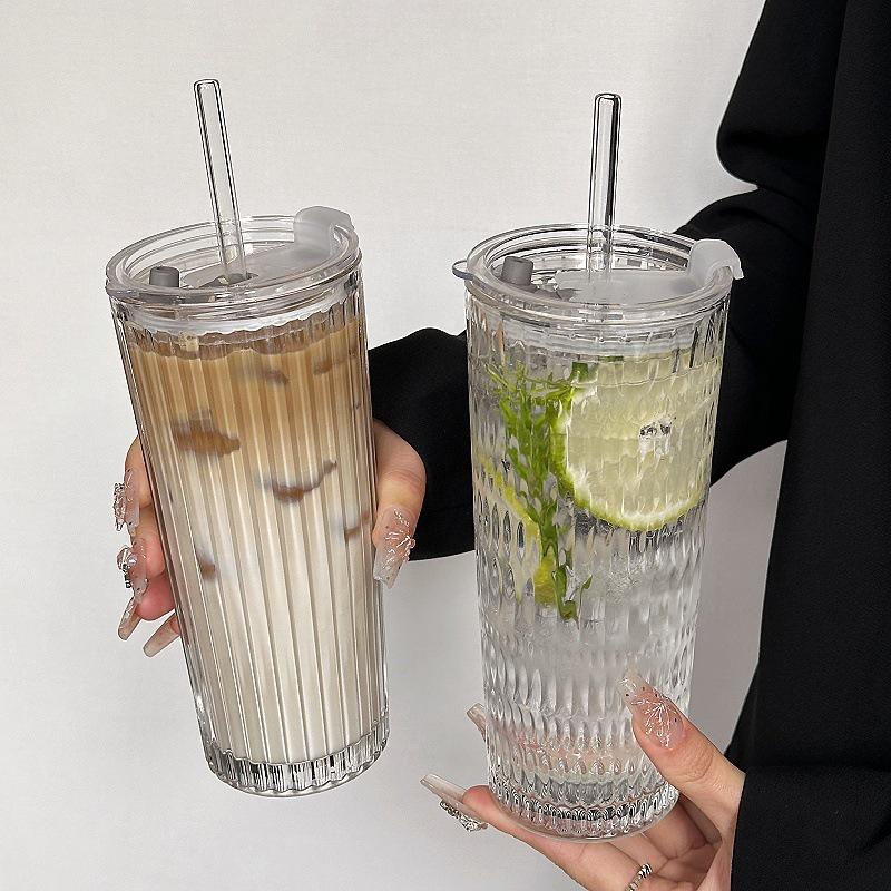 Large Capacity Transparent Glass Straw Cup with Lid for Office Drinks: Milk Tea, Coffee, Americano, Latte, Juice