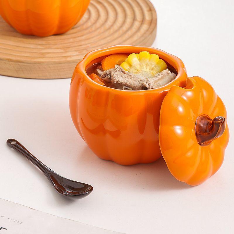 Cute Pumpkin Seasoning Jar Kitchen Seasoning Box Ceramic Stew Pot Home Stew Soup Steamed Egg Bowl with Lid Soup Jar Halloween